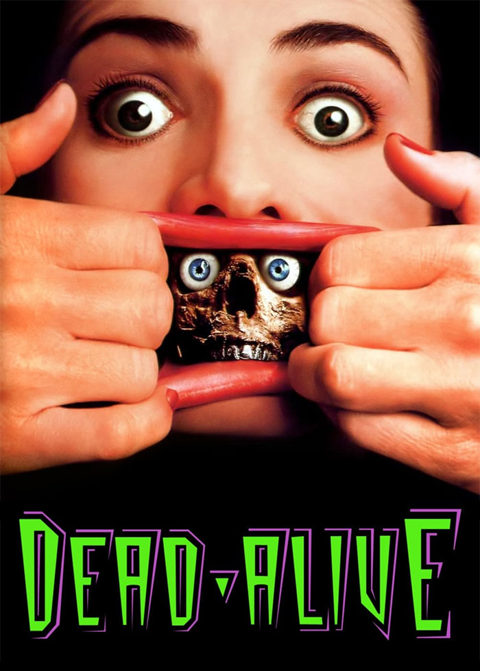 Woman pulling lips to reveal a skull with blue eyes, representing horror comedies with a mix of fear and humor.