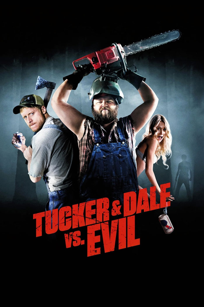 Three characters in a horror comedy scene with a chainsaw and axe, highlighting the best horror comedies genre.