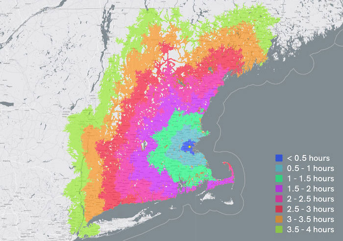 Visualising How Far You Can Travel From Cambridge, Massachusetts In 4 Hours