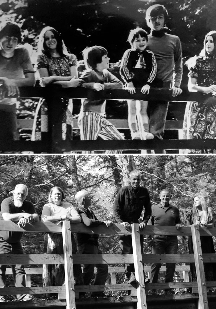 Mi papá y sus hermanos en 1969. Luego lo recrearon 50 años después