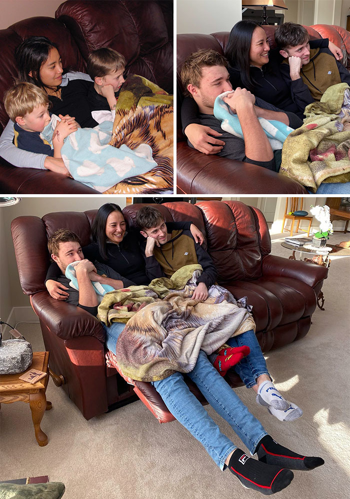 Recreación fotográfica de 2008 13 años después. Para contextualizar, los niños tenían 4 y 6 años. Ahora ambos miden más de 1,80 m.