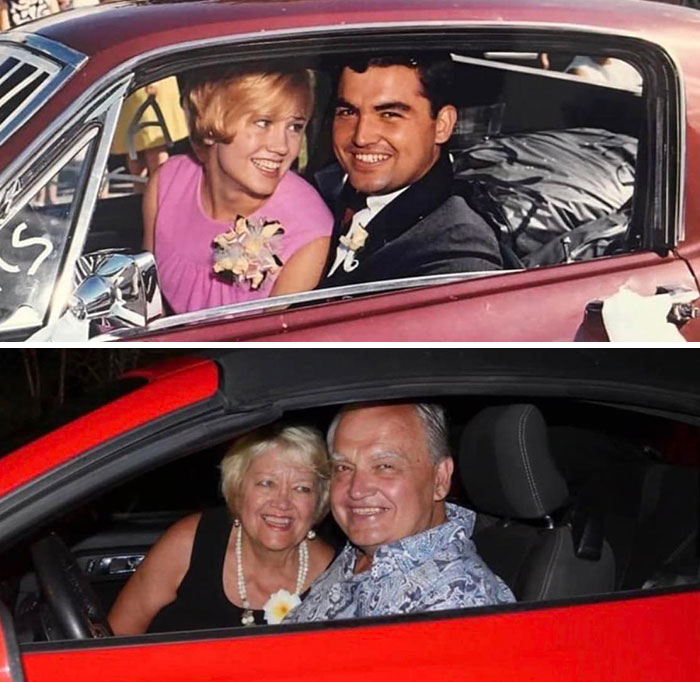 Mis tíos acaban de celebrar su 55º aniversario de boda. Foto de arriba 1967, de abajo 2022