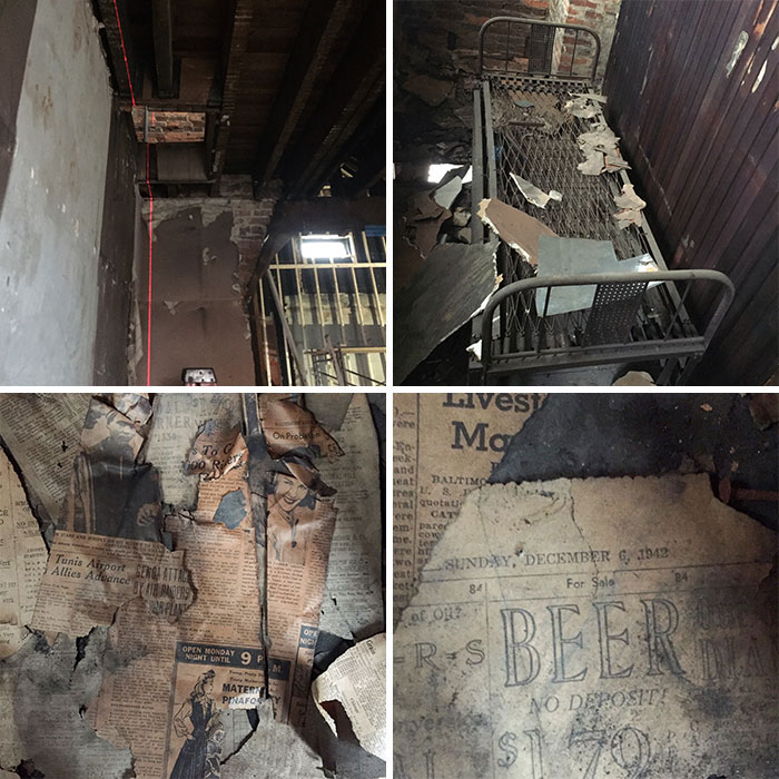 Found A Hidden Attic While Doing A Renovation. It Was A Door To A Hidden Room With Old War Time Newspapers, An Old Bed And Old Photos On The Walls