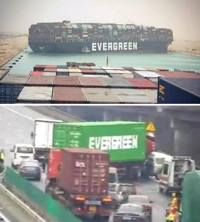 Evergreen Truck Getting Stuck In A Highway In China In The Same Way As It Happened For The Ship In The Suez Canal