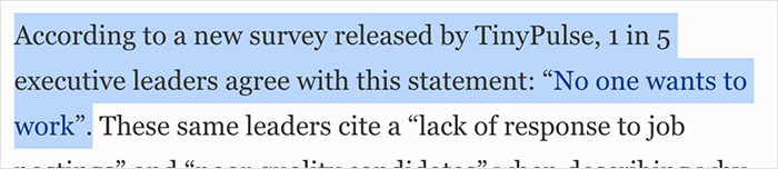 Text excerpt highlights a survey where 1 in 5 leaders say “no one wants to work,” discussing job application issues. - 4