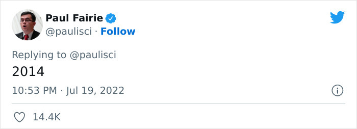 Tweet reply from Paul Fairie in 2022, displaying the year "2014" related to work topic.