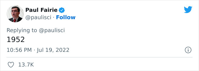 A tweet from Paul Fairie highlighting a year, 1952, in a thread about newspaper snippets on work attitudes. - 15