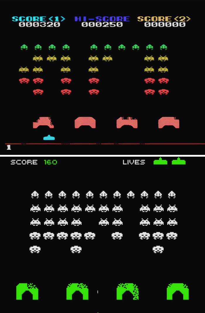 Retro video game screen showing pixelated alien invaders, embodying nostalgic gameplay from classic arcade games.