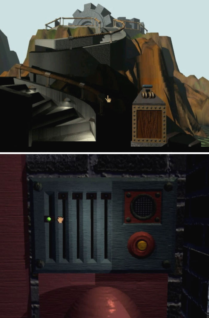 Retro video game graphics with a mechanical puzzle interface and mountain setting.