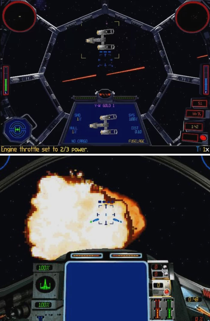 Retro video games space combat scenes from classic spaceship shooter games with pixelated explosions and cockpit views.