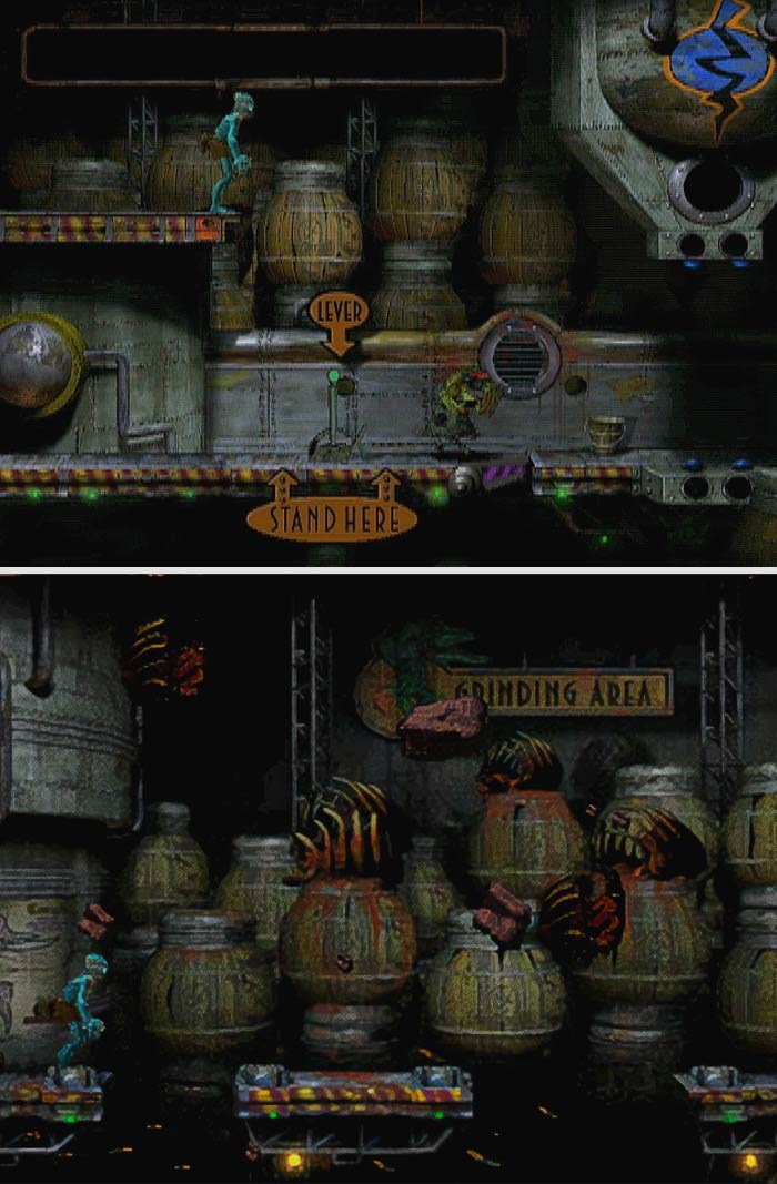 Retro video game scene with a character navigating an industrial setting, featuring a lever and grinding area.