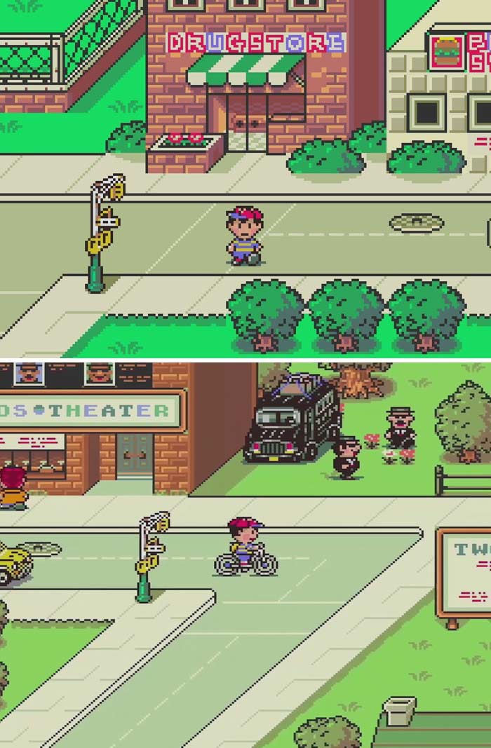Pixelated scenes from retro video games showing characters on streets and riding a bike in a nostalgic 16-bit style.