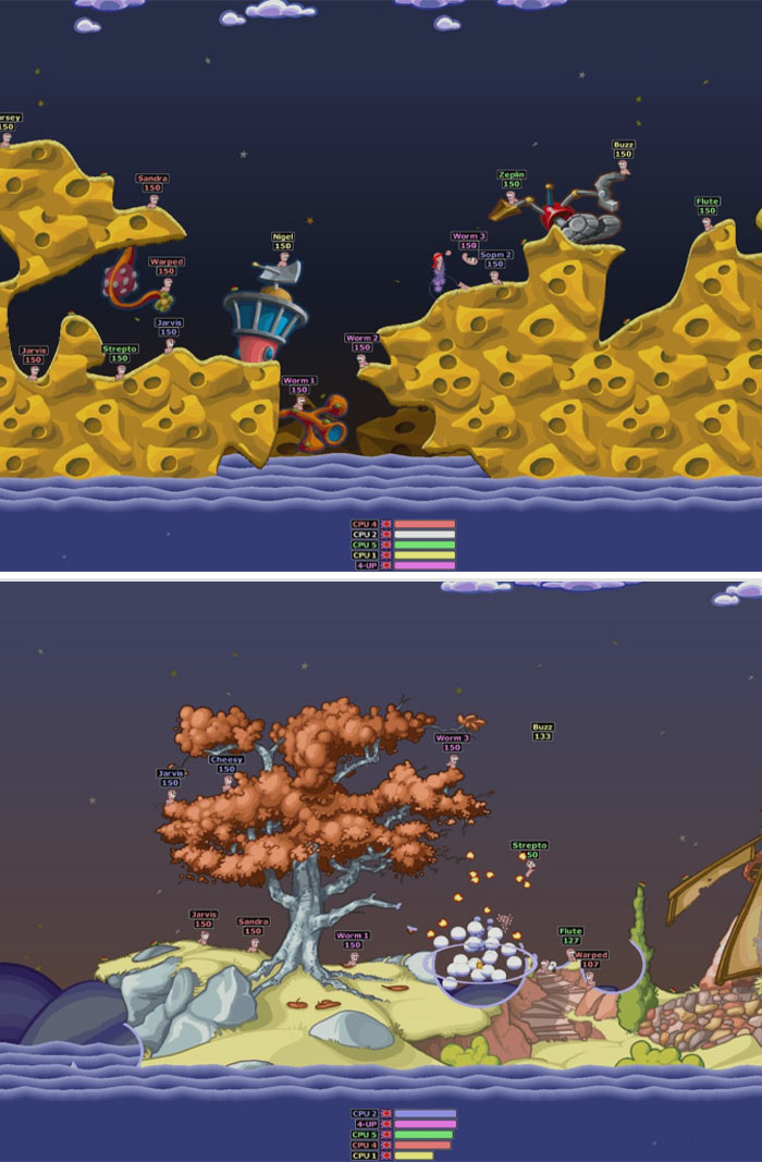 Screenshot from a retro video game featuring colorful landscapes and worm characters in classic gameplay style.