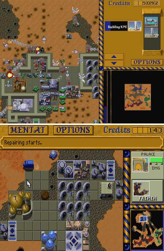 Retro video game screenshot showing base-building strategy gameplay with units, structures, and terrain details.