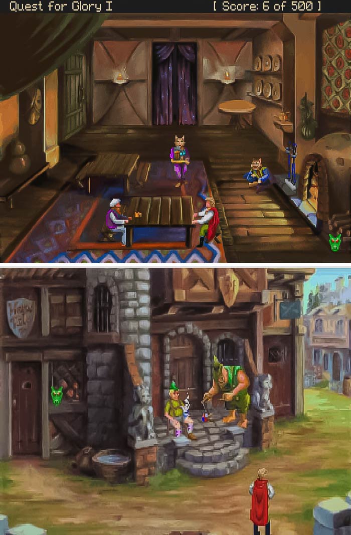 Screenshots from retro video games featuring pixel art medieval scenes with characters in a village and indoor setting.