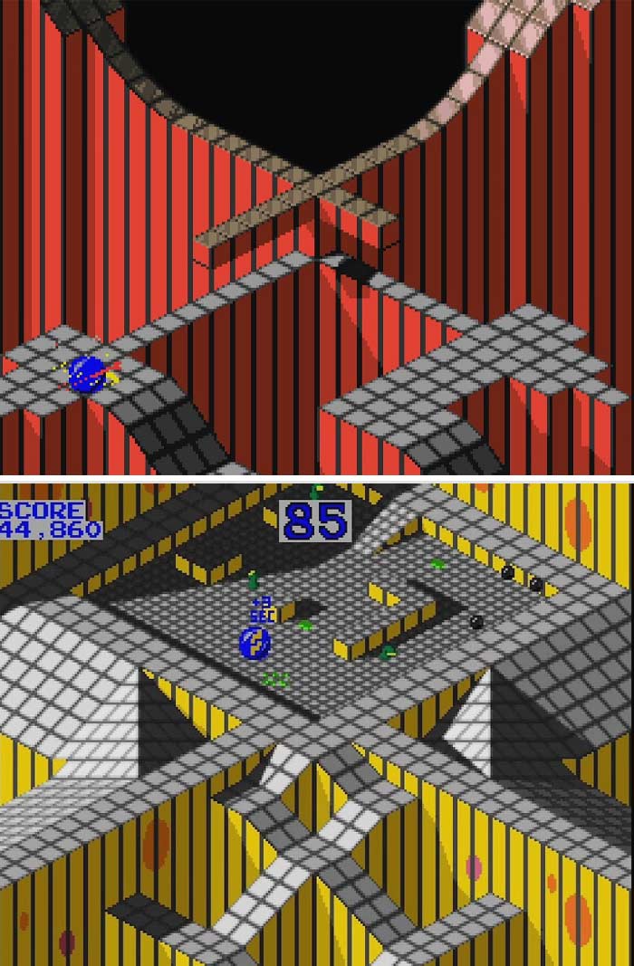 Screenshots of retro video games with isometric pixel art and maze-like platforms in vibrant colors.