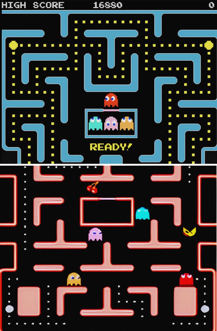 Retro video game screens featuring classic Pac-Man and ghostly characters in colorful mazes.