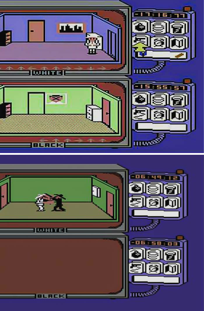 Screenshot of a retro video game featuring pixelated characters in different colored rooms with game controls visible.