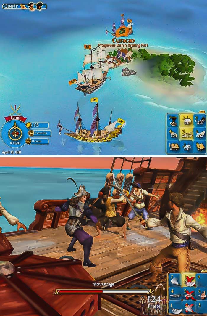 Screenshot of retro video games showing pirate ship navigation and a sword-fighting scene on a ship deck at sea.