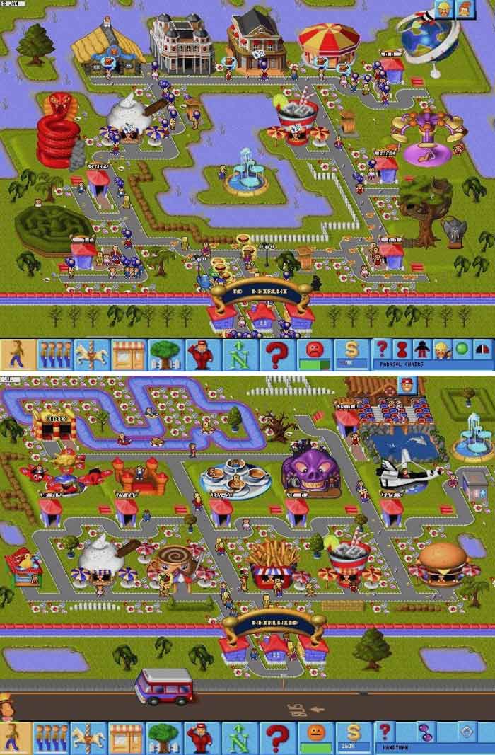 Screenshot of a retro video game featuring colorful amusement park paths and various whimsical attractions.