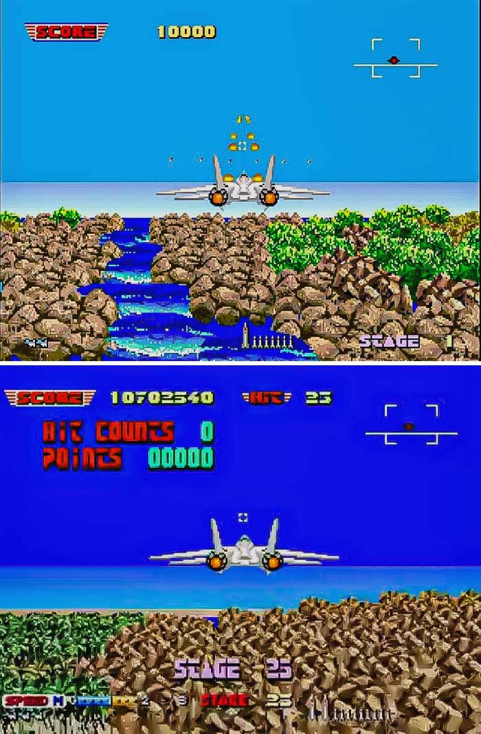 Retro video game screenshots featuring a classic fighter jet flying over pixelated landscapes in a vintage arcade style.