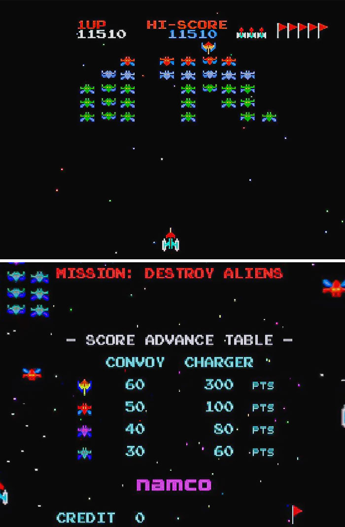 Classic retro video game screen showing a space shooter mission to destroy aliens with a score table and Namco branding.