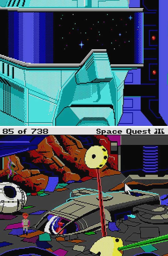 Screenshot from the retro video game Space Quest III showing pixelated space and alien landscapes in classic style