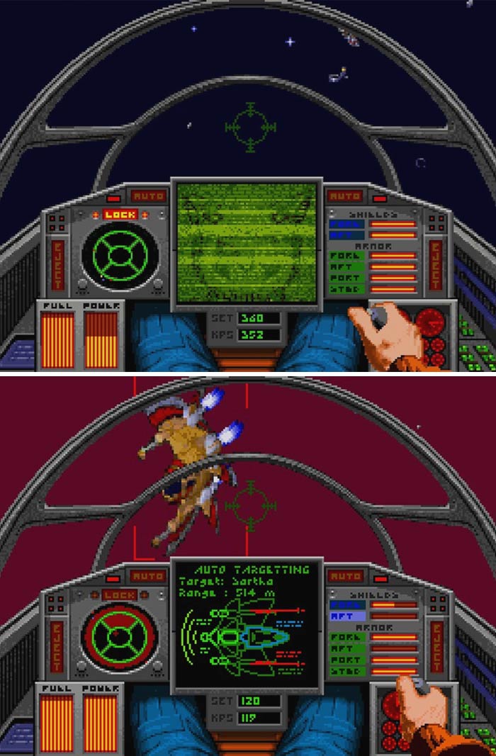 Retro video game cockpit view with pixelated space combat targeting and player controls on screen.