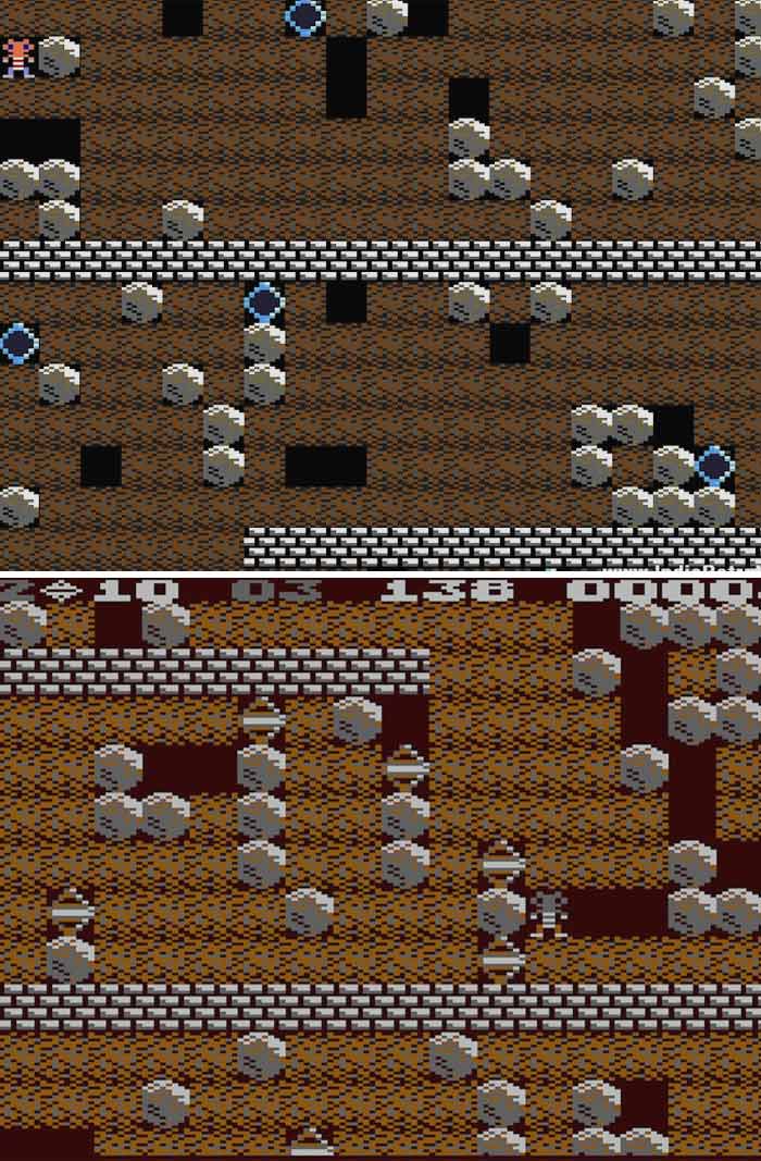 Retro video game screen showing pixelated underground mine with rocks and characters in classic 8-bit style gameplay.