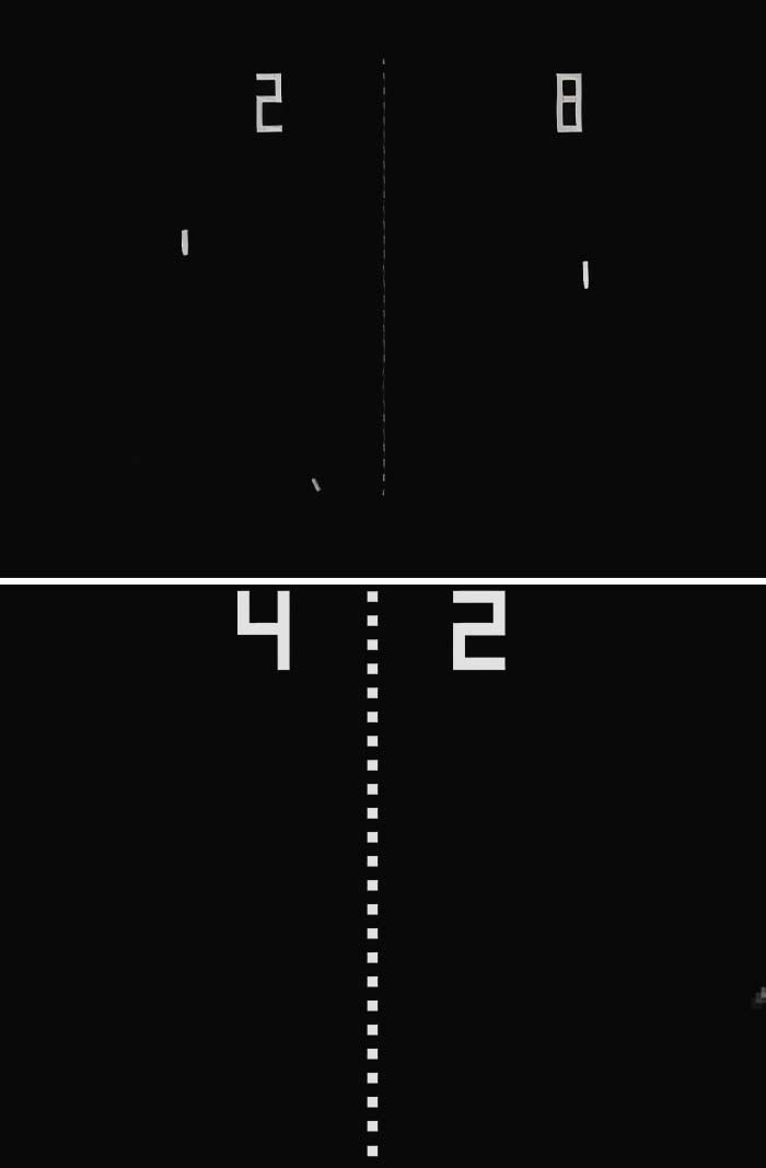 Retro video game screen showing a classic Pong match with scores 2-8 and 4-2 on a dark background.