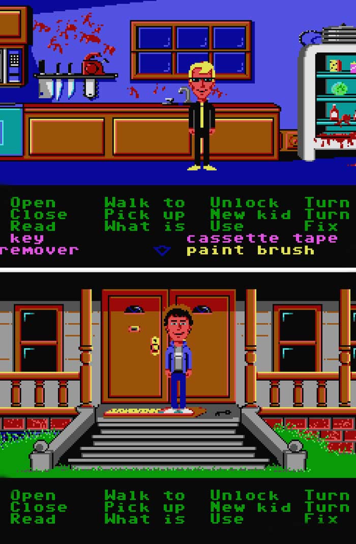 Pixel art scenes from retro video games showing characters in a kitchen and outside a house with classic game command options.