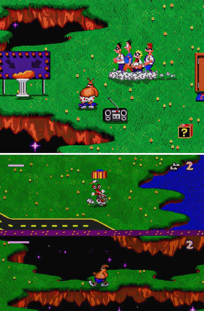 Screenshots of a retro video game featuring cartoon characters in a vibrant pixelated outdoor environment.