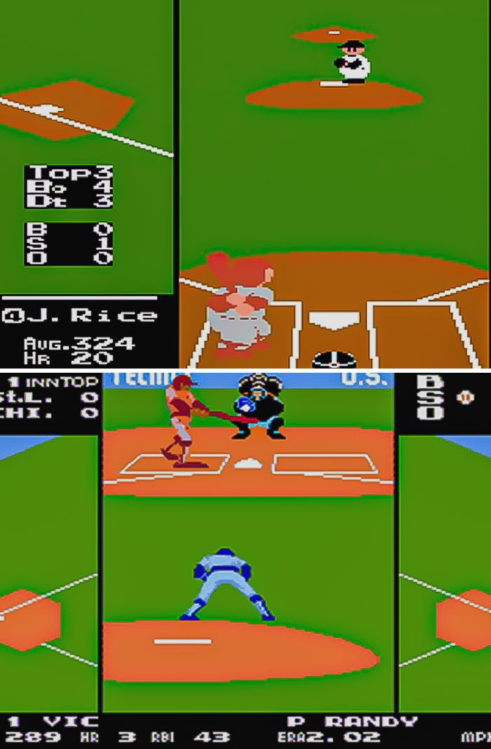 Split-screen gameplay of retro video games showing pixelated baseball scenes with players pitching and batting on green fields.