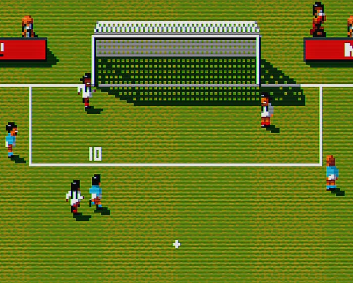 Pixelated retro video game soccer scene showcasing players, goal, and green field.