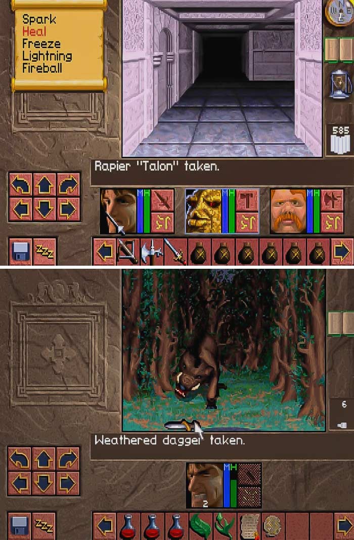 Retro video game dungeon crawler interface showing character stats, inventory, and enemy encounter in pixel art style.