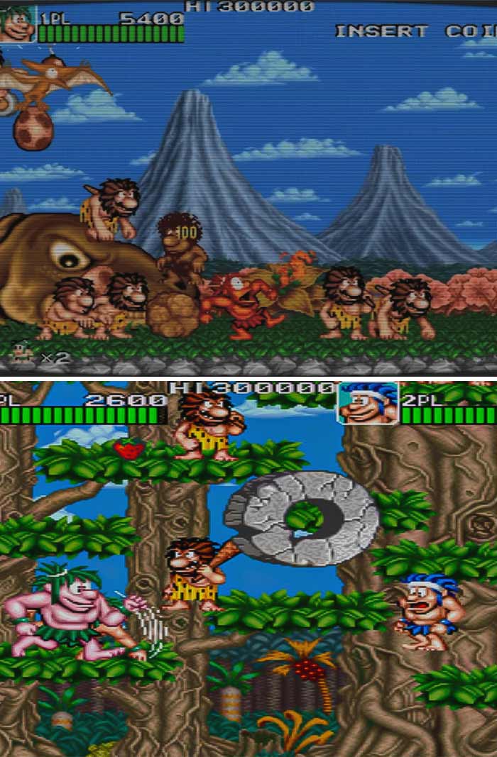 Retro video game scenes showing cavemen characters in colorful prehistoric environments with health bars and score displays.