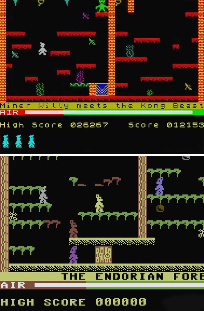 Retro video game graphics with classic platform levels and characters, featuring high scores and pixelated designs.