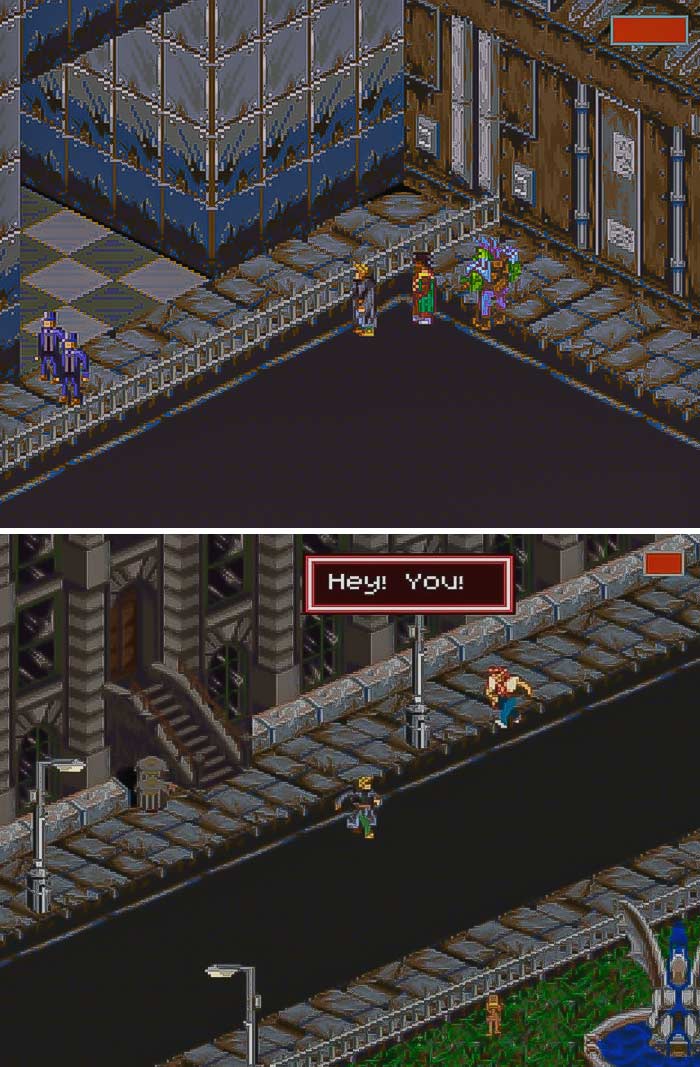 Pixelated retro video game scenes featuring characters in urban settings from classic retro video games.