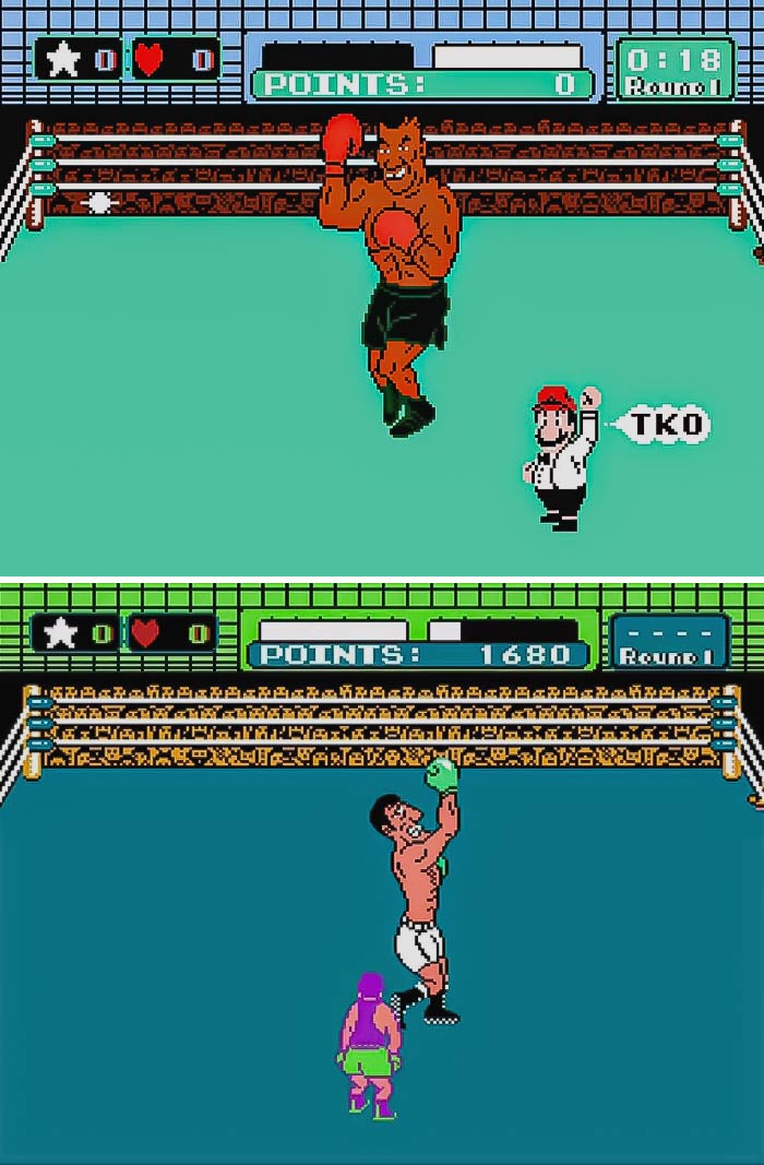 Retro video game boxing match screenshots showing pixelated fighters and scoreboards in classic arcade style.