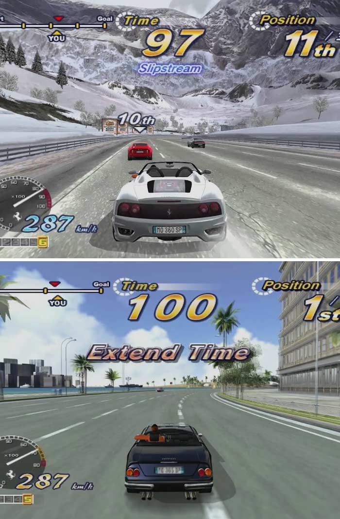 Screenshots from a retro video game featuring high-speed car racing on snowy and city roads.