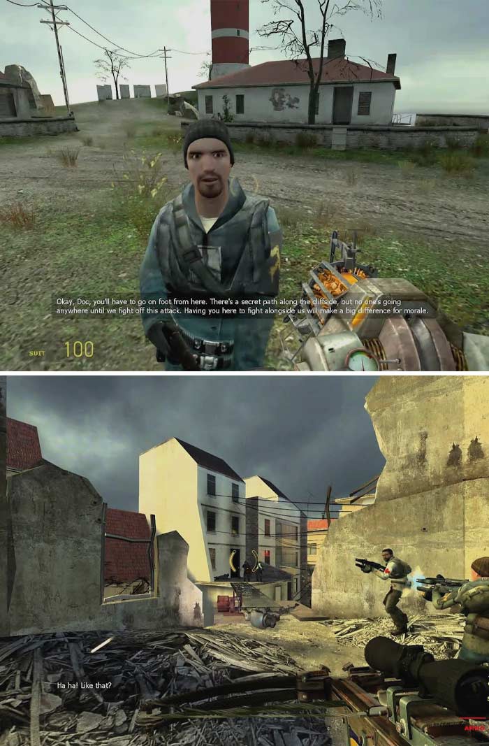 First-person shooter game scenes from retro video games featuring characters in combat and ruined urban environments.