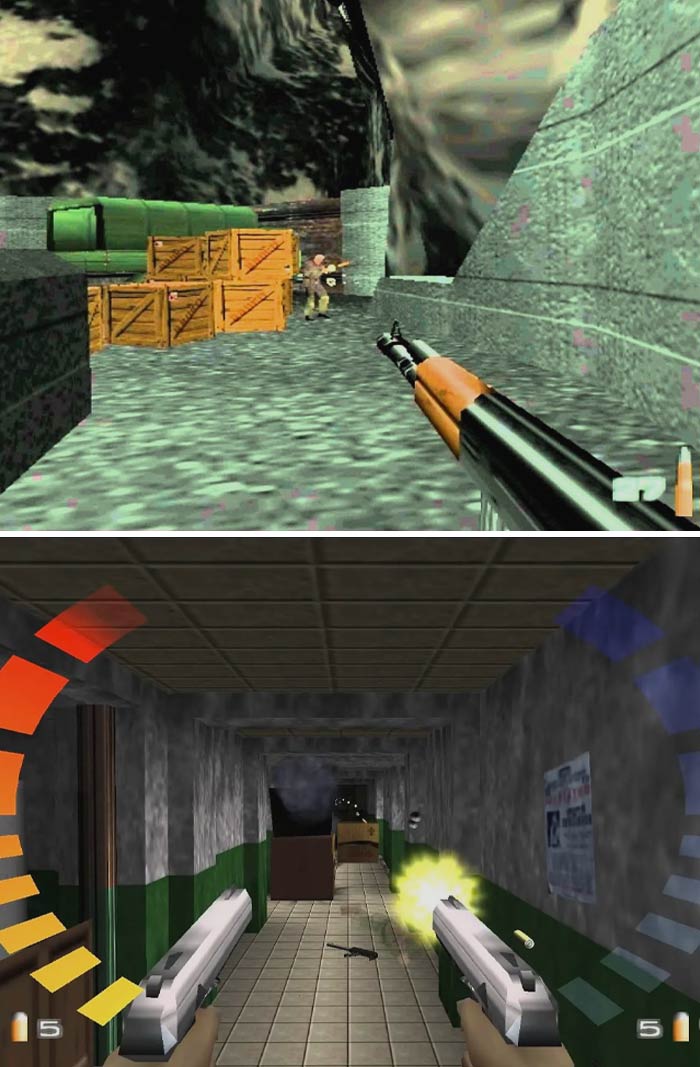 Retro video games showing first-person shooter action with graphics from classic 90s games.