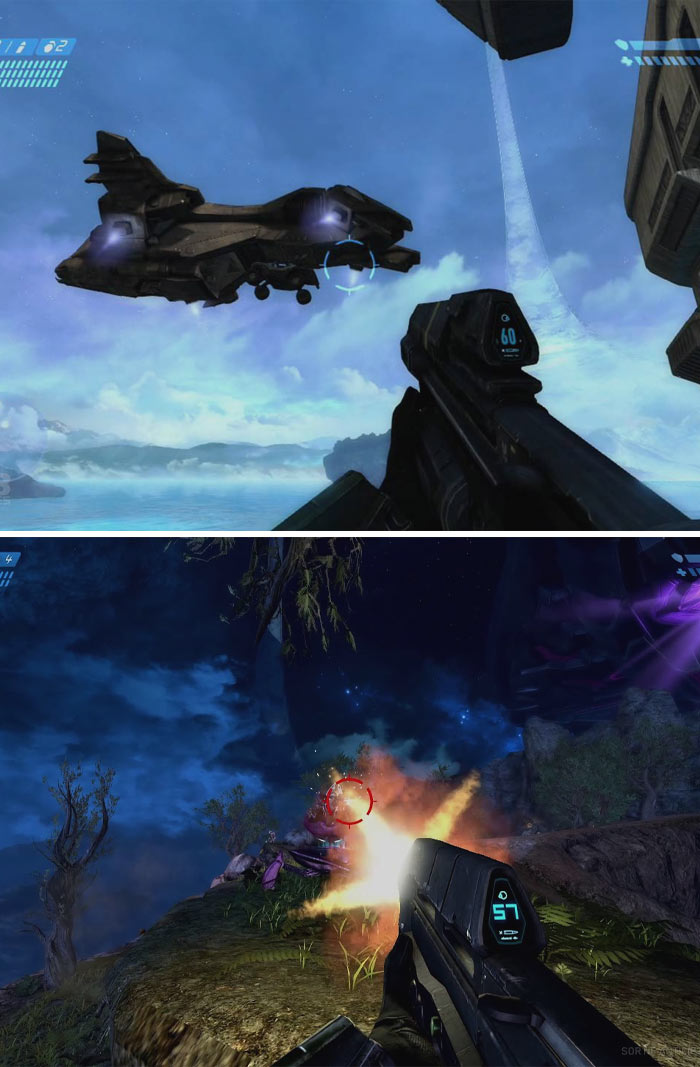 First-person shooter gameplay scenes from classic retro video games featuring futuristic weapons and alien environments.