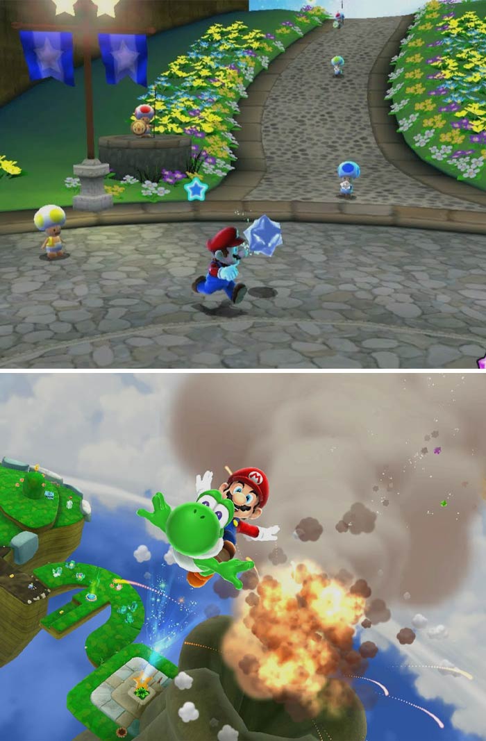 Gameplay scenes from retro video games featuring Mario and Yoshi in colorful, nostalgic game environments.