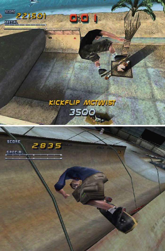 Retro video games showing skateboarding tricks and score points in a classic skate park setting.