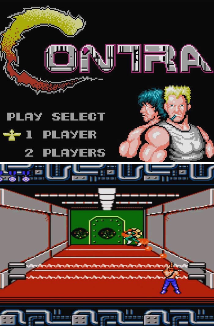 Retro video game screen from Contra featuring two characters and a play selection menu.