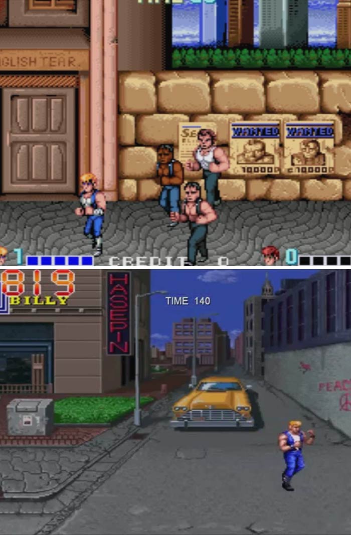 Retro video game scenes showing pixelated characters fighting and urban street environment with a yellow car.