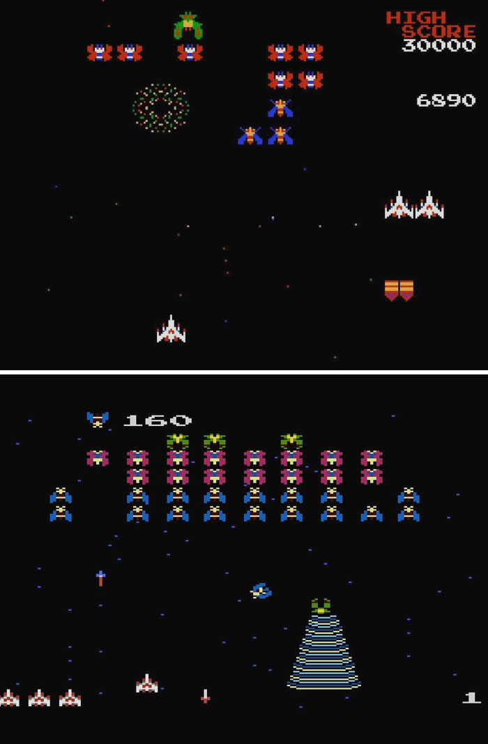 Retro video games gameplay featuring classic pixelated space shooting and alien invader scenes with high scores.
