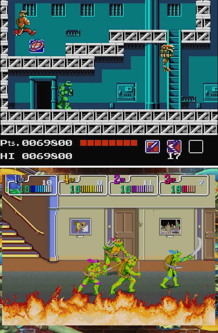 Retro video games featuring pixelated action scenes with ninjas and turtles in classic side-scrolling gameplay.