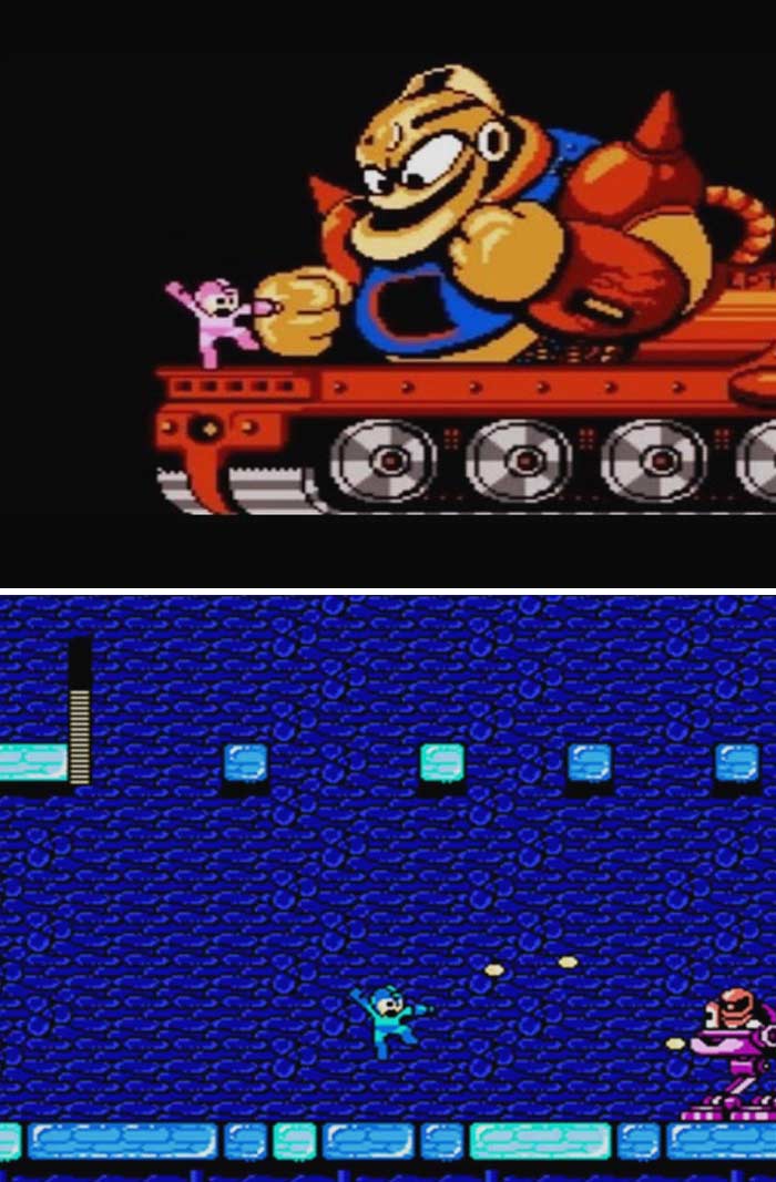 Retro video games featuring pixelated characters in action-packed boss battles on classic 8-bit game backgrounds.